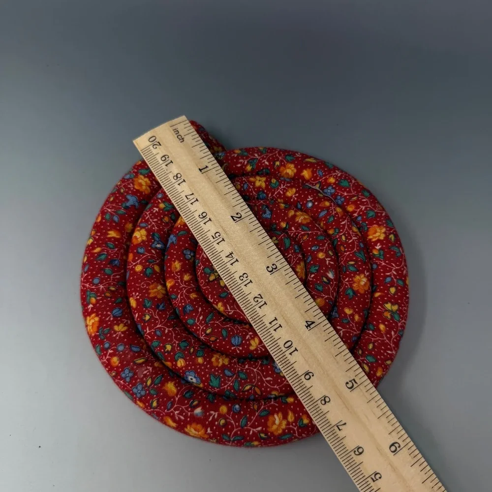 Vintage Red Floral Fabric Hot Pad Trivet Cinnamon Spice Scented 5 Inch Coil